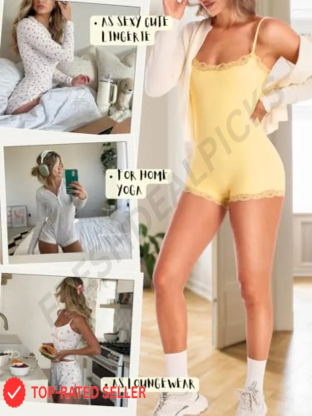 Women's Lace Trim Square Neck Romper Bodysuit, Adjustable Straps, Breathable